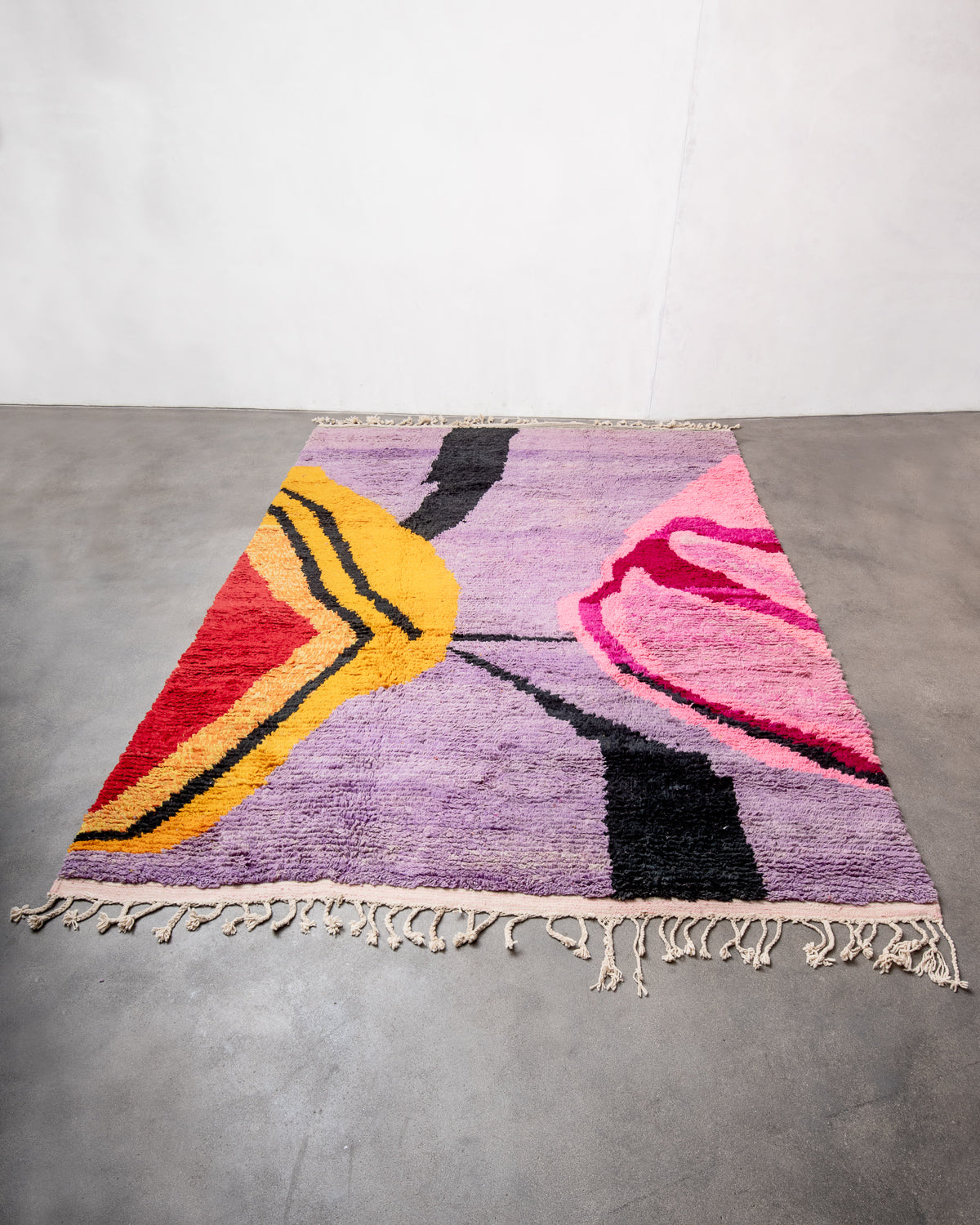 Modern, designer, handcrafted Berber rug from Morocco. Vintage carpet with beautiful colours and patterns and fluffy texture.